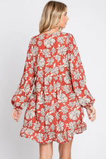 PinkBlush Rust Floral V - Neck Long Sleeve Dress - 