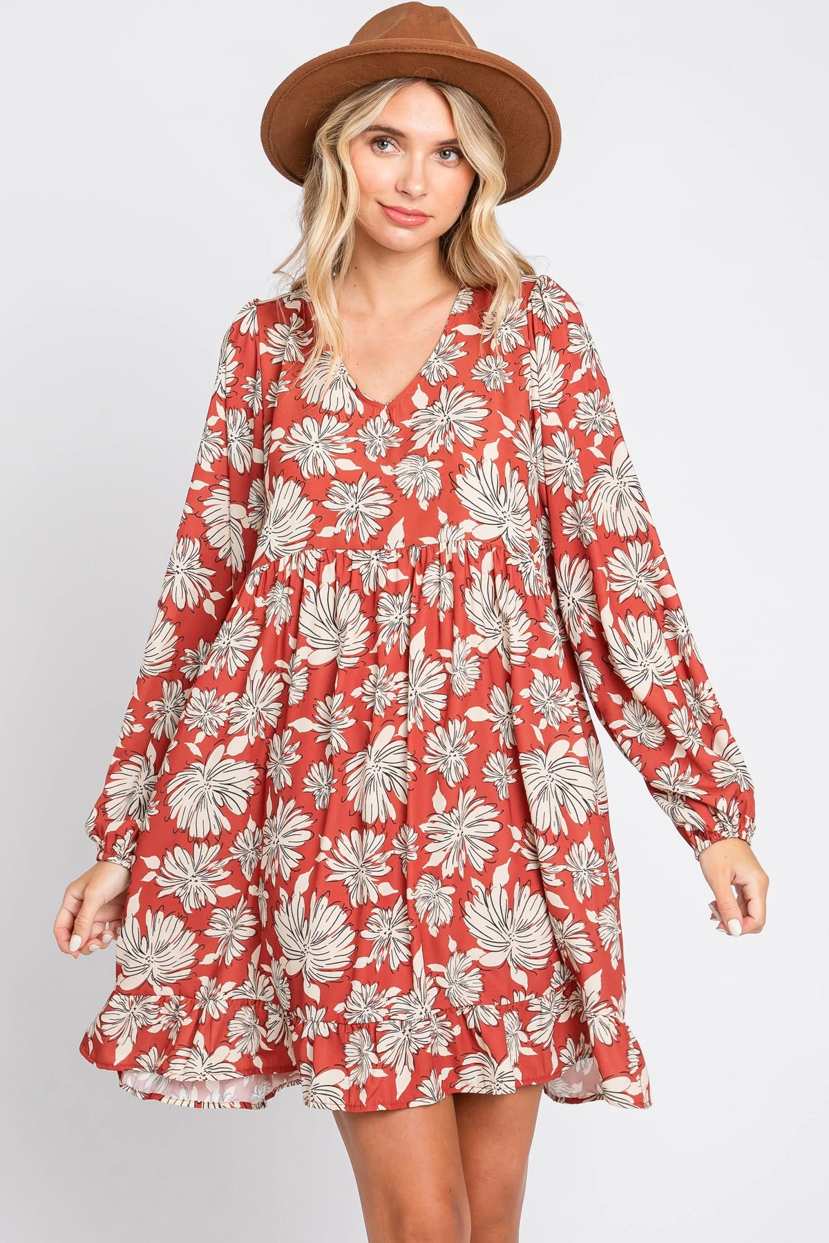 PinkBlush Rust Floral V - Neck Long Sleeve Dress - 