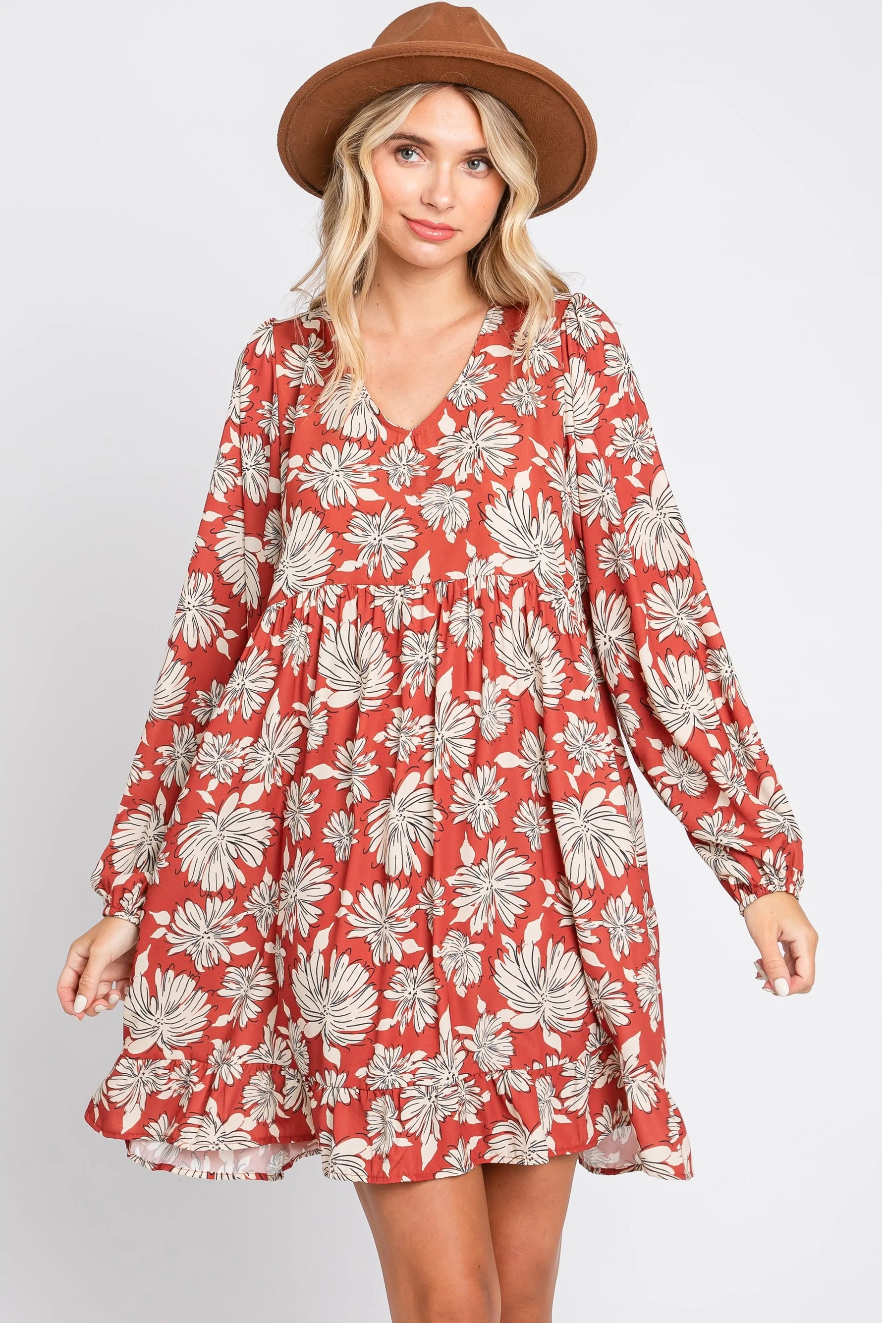 PinkBlush Rust Floral V - Neck Long Sleeve Dress - 