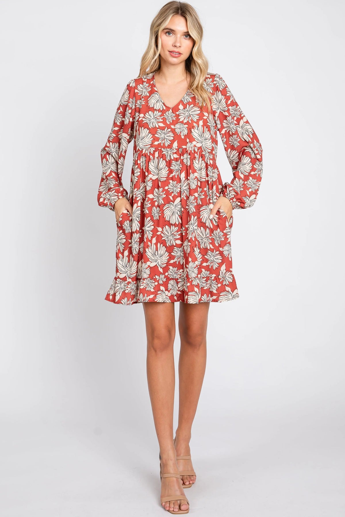 PinkBlush Rust Floral V - Neck Long Sleeve Dress - 