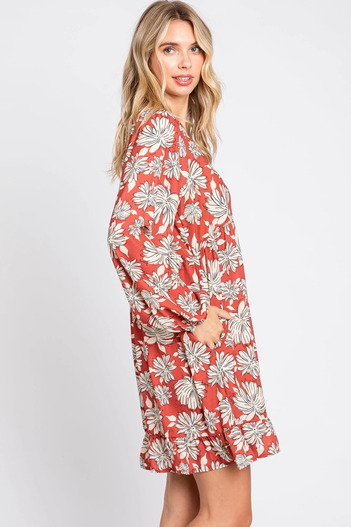 PinkBlush Rust Floral V - Neck Long Sleeve Dress - 