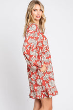 PinkBlush Rust Floral V - Neck Long Sleeve Dress - 