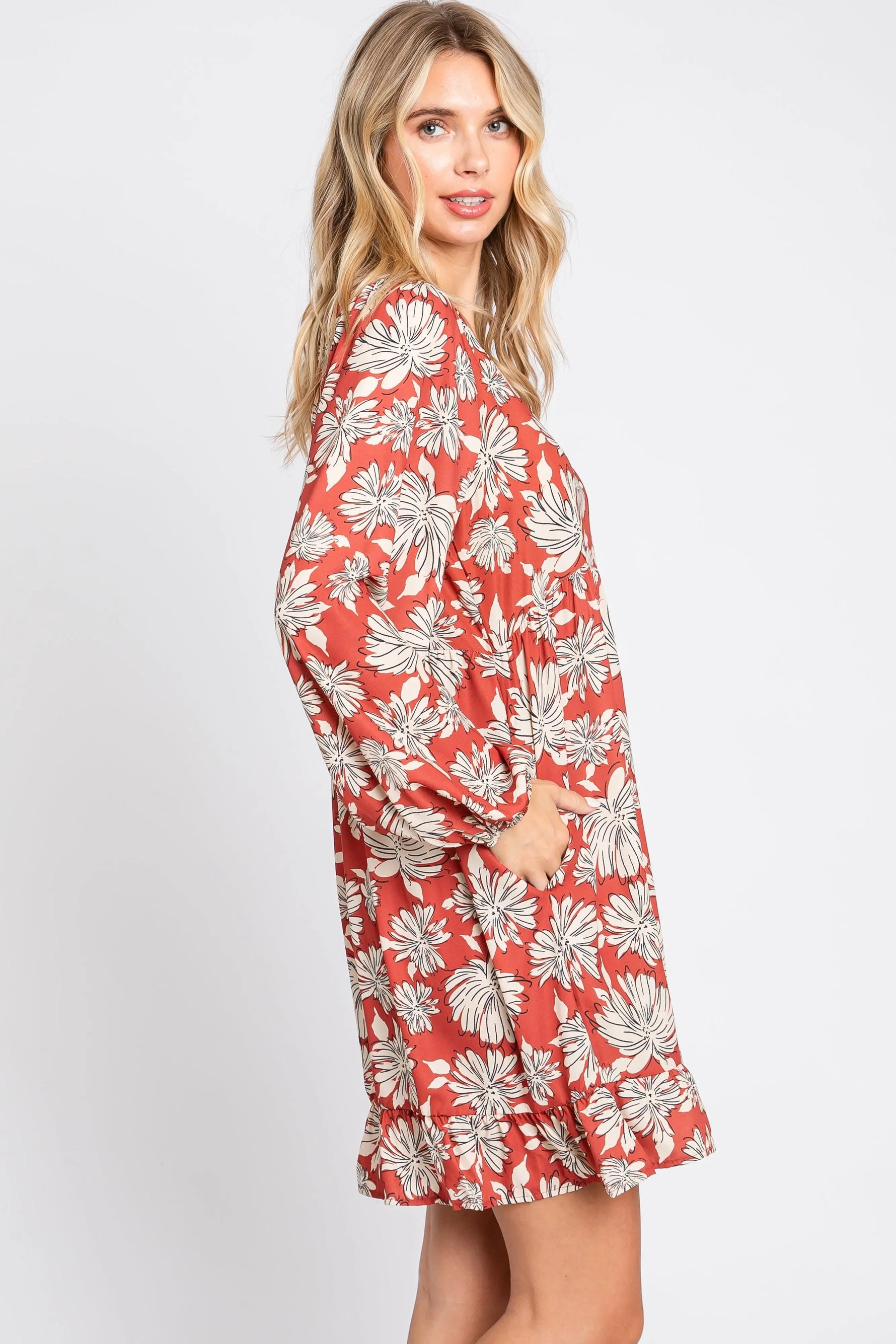 PinkBlush Rust Floral V - Neck Long Sleeve Dress - 