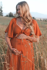 PinkBlush Rust Front Tie Ruffle Sleeve Maternity Midi Dress - 
