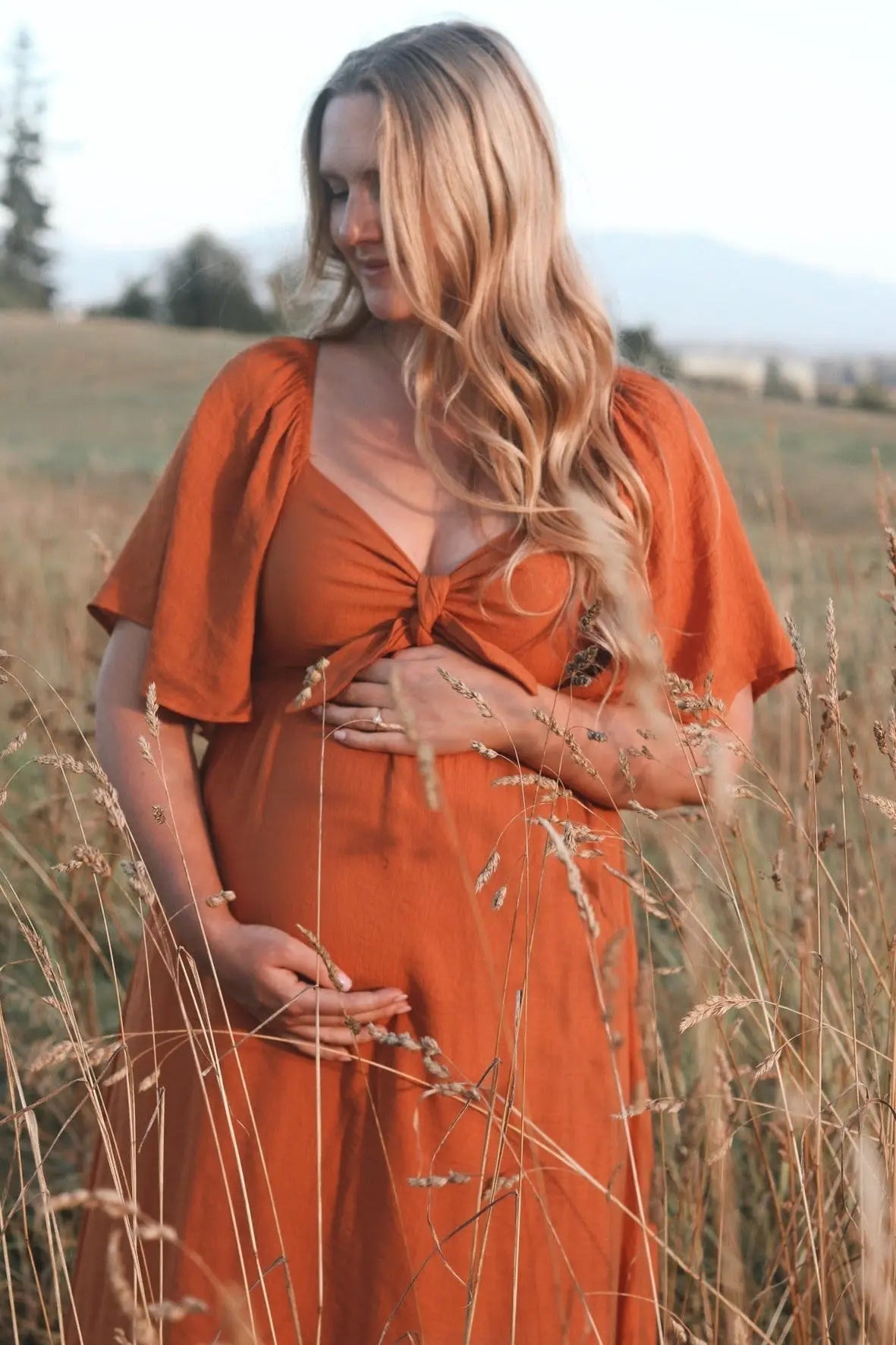 PinkBlush Rust Front Tie Ruffle Sleeve Maternity Midi Dress - 