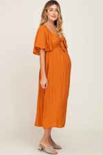 PinkBlush Rust Front Tie Ruffle Sleeve Maternity Midi Dress - 