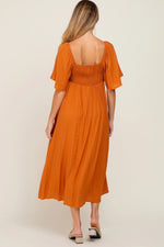 PinkBlush Rust Front Tie Ruffle Sleeve Maternity Midi Dress - 
