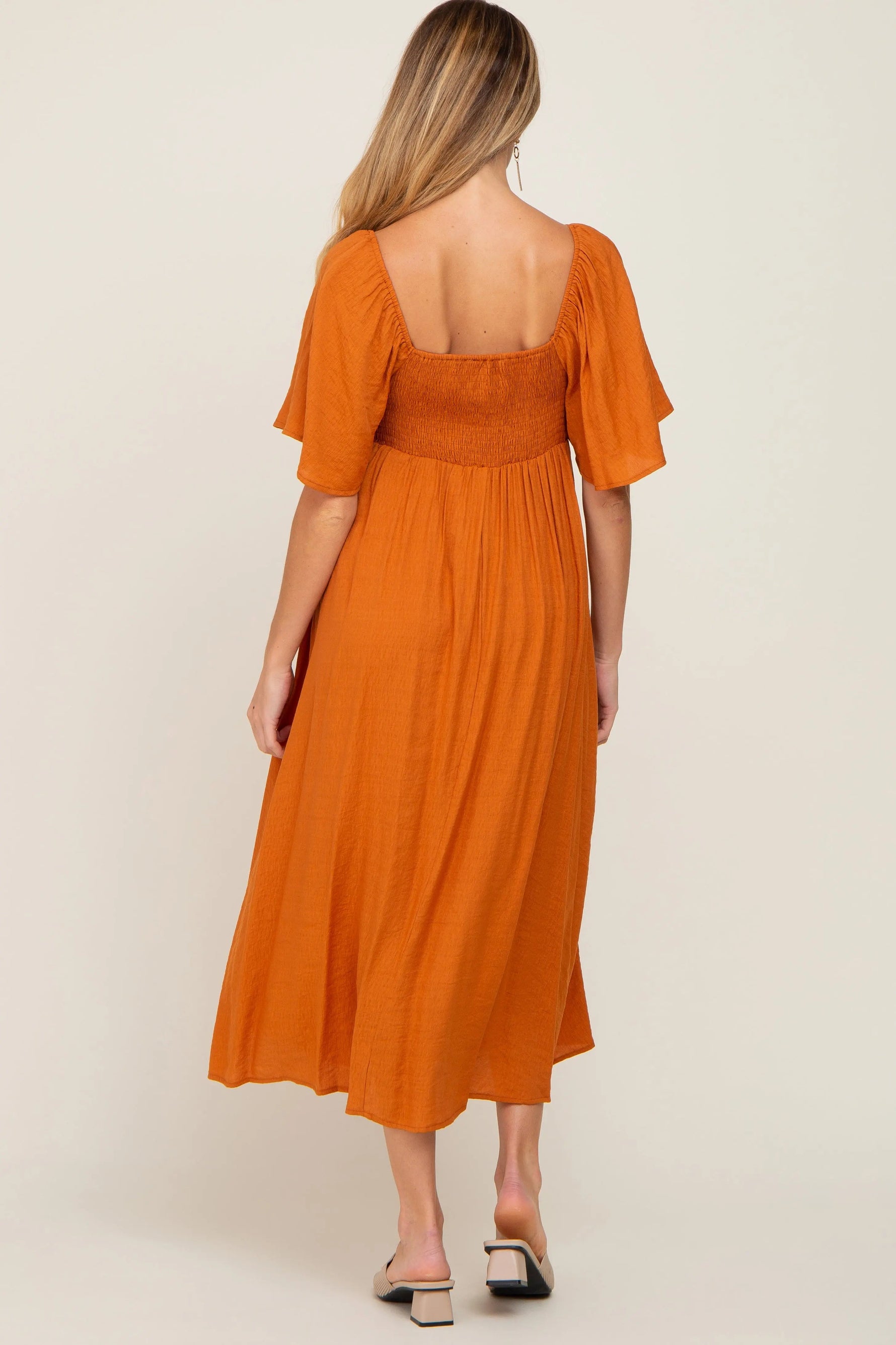 PinkBlush Rust Front Tie Ruffle Sleeve Maternity Midi Dress - 