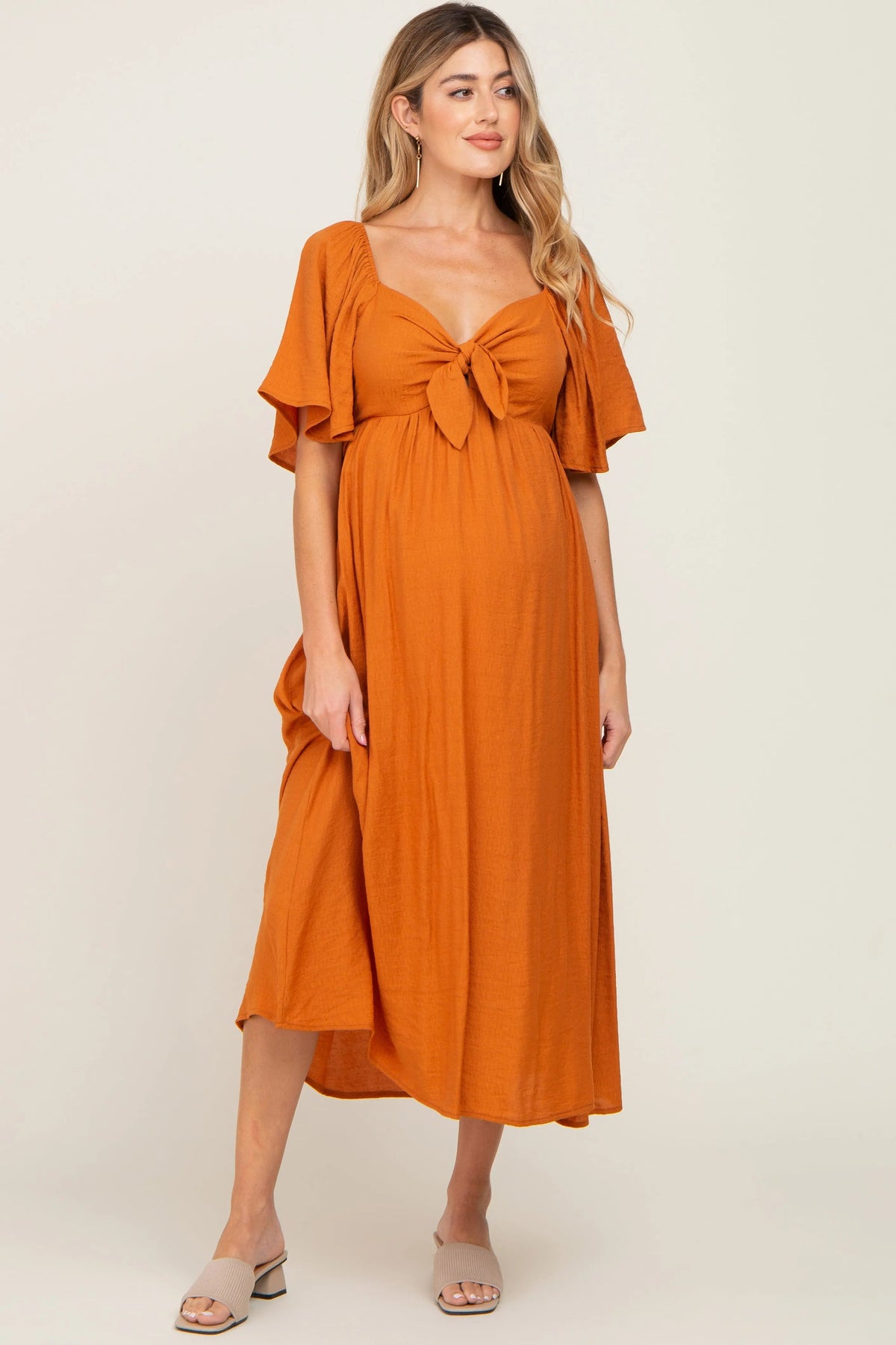 PinkBlush Rust Front Tie Ruffle Sleeve Maternity Midi Dress - 