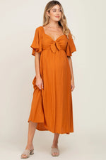 PinkBlush Rust Front Tie Ruffle Sleeve Maternity Midi Dress - 