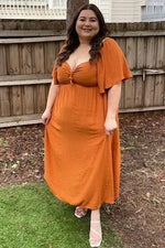 PinkBlush Rust Front Tie Ruffle Sleeve Midi Dress - 
