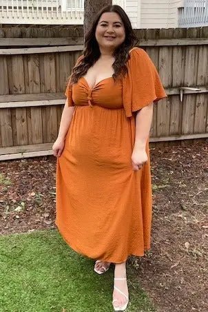 PinkBlush Rust Front Tie Ruffle Sleeve Midi Dress - 