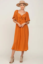 PinkBlush Rust Front Tie Ruffle Sleeve Midi Dress - 