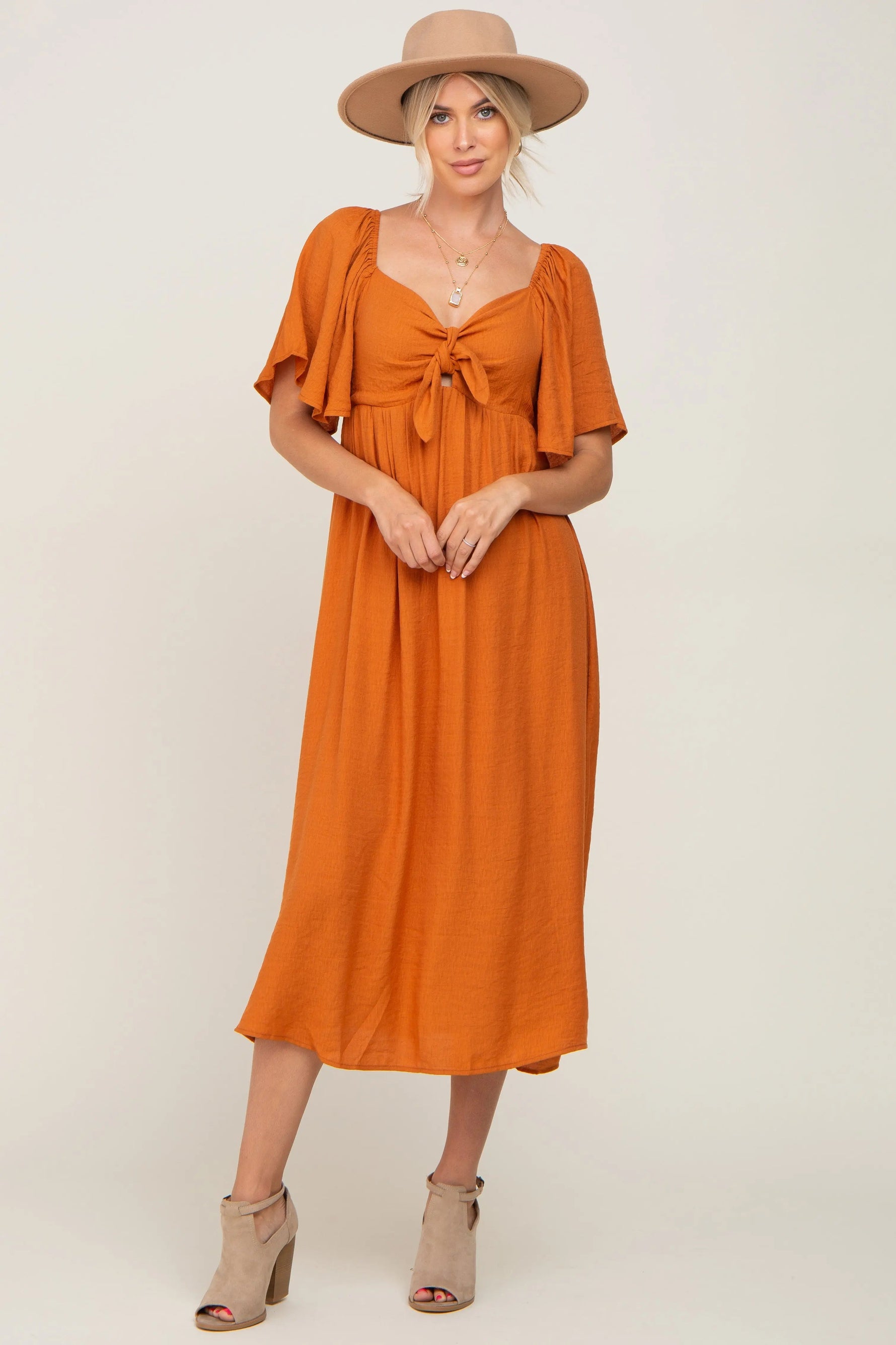 PinkBlush Rust Front Tie Ruffle Sleeve Midi Dress - 