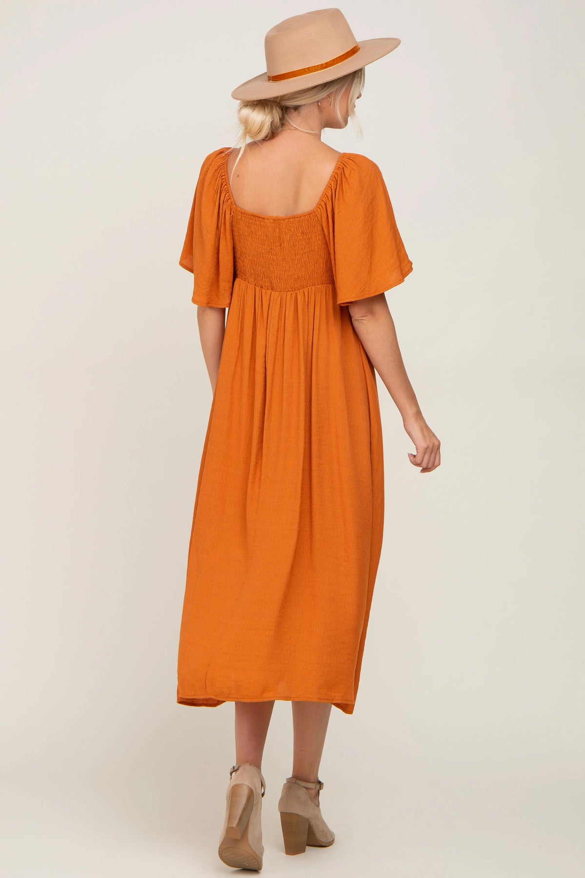 PinkBlush Rust Front Tie Ruffle Sleeve Midi Dress - 