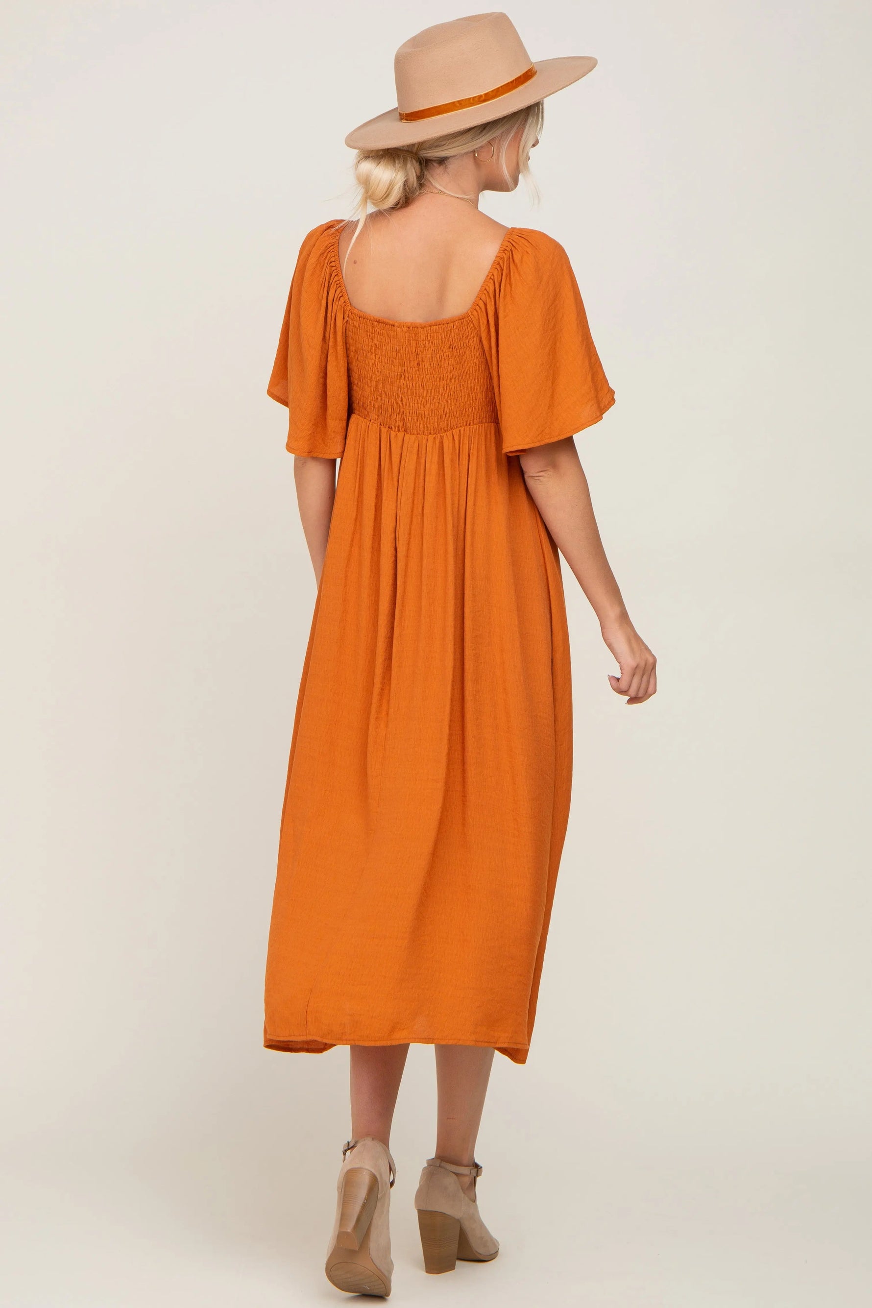 PinkBlush Rust Front Tie Ruffle Sleeve Midi Dress - 