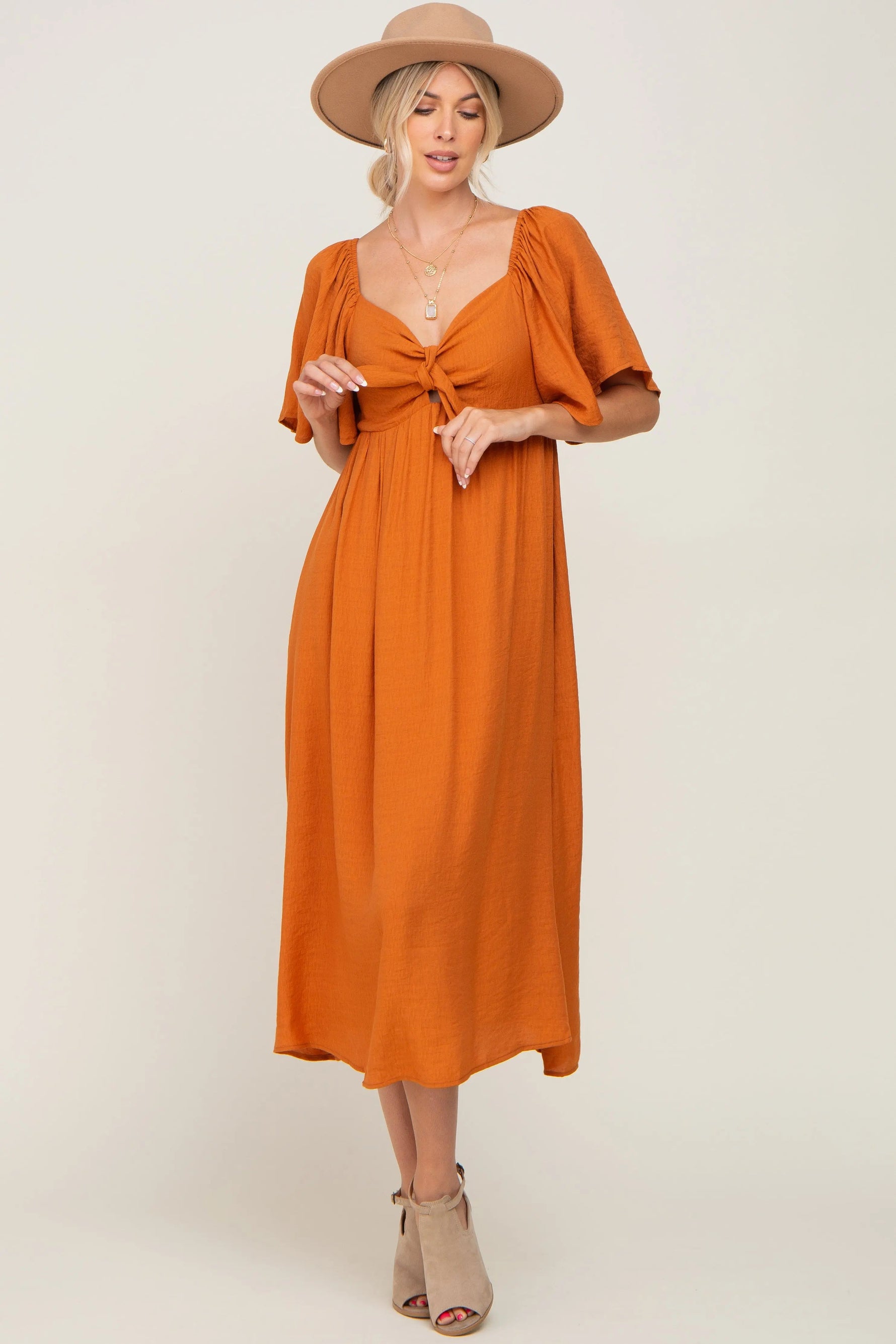 PinkBlush Rust Front Tie Ruffle Sleeve Midi Dress - 