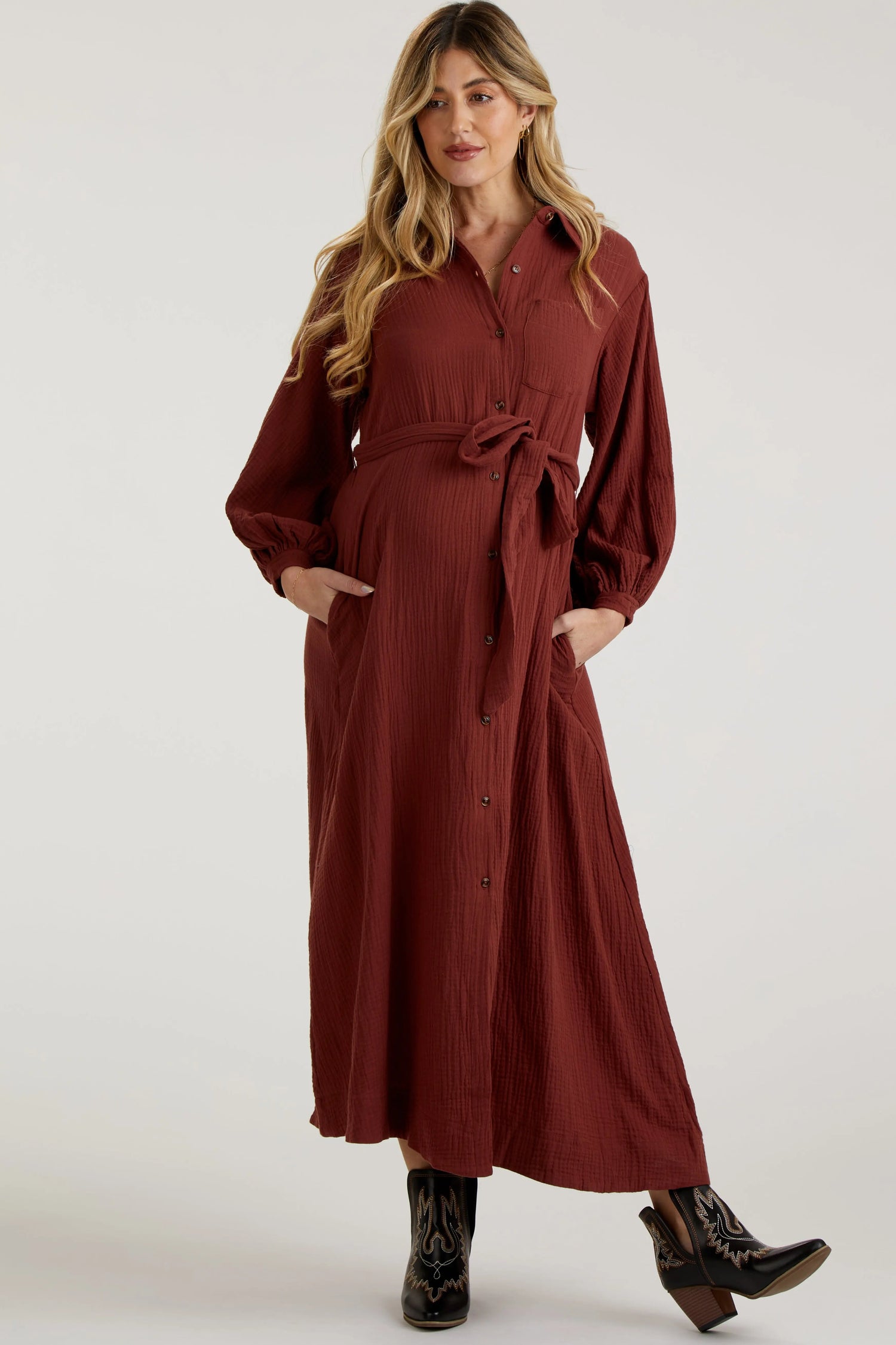 PinkBlush Rust Gauze Belted Shirt Maternity Midi Dress - 