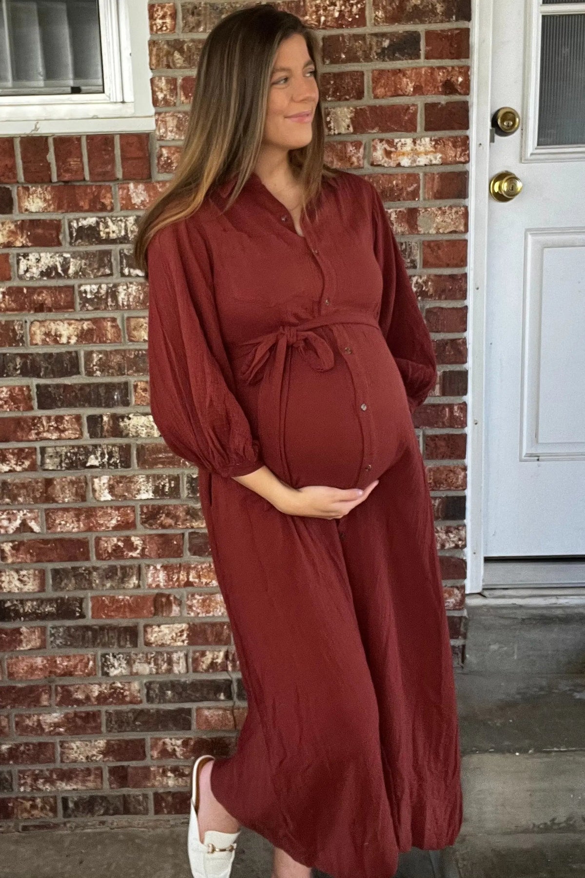 PinkBlush Rust Gauze Belted Shirt Maternity Midi Dress - 