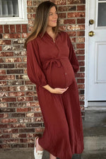 PinkBlush Rust Gauze Belted Shirt Maternity Midi Dress - 