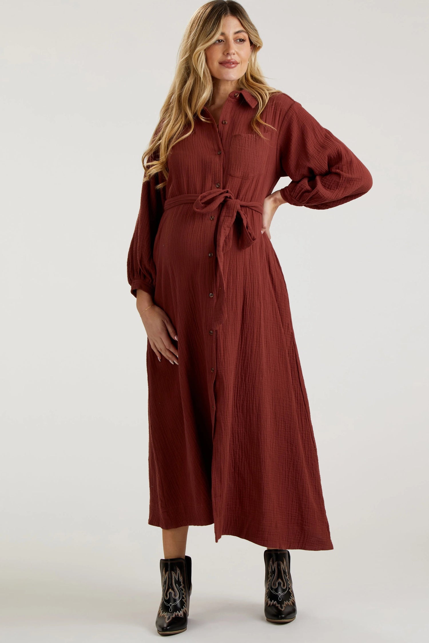 PinkBlush Rust Gauze Belted Shirt Maternity Midi Dress - 