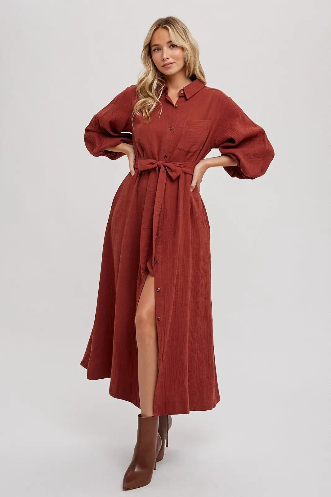 PinkBlush Rust Gauze Belted Shirt Maternity Midi Dress - 
