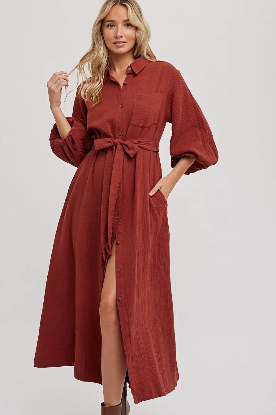 PinkBlush Rust Gauze Belted Shirt Midi Dress - 