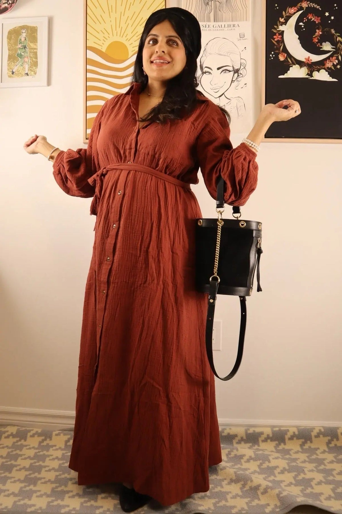 PinkBlush Rust Gauze Belted Shirt Midi Dress - 