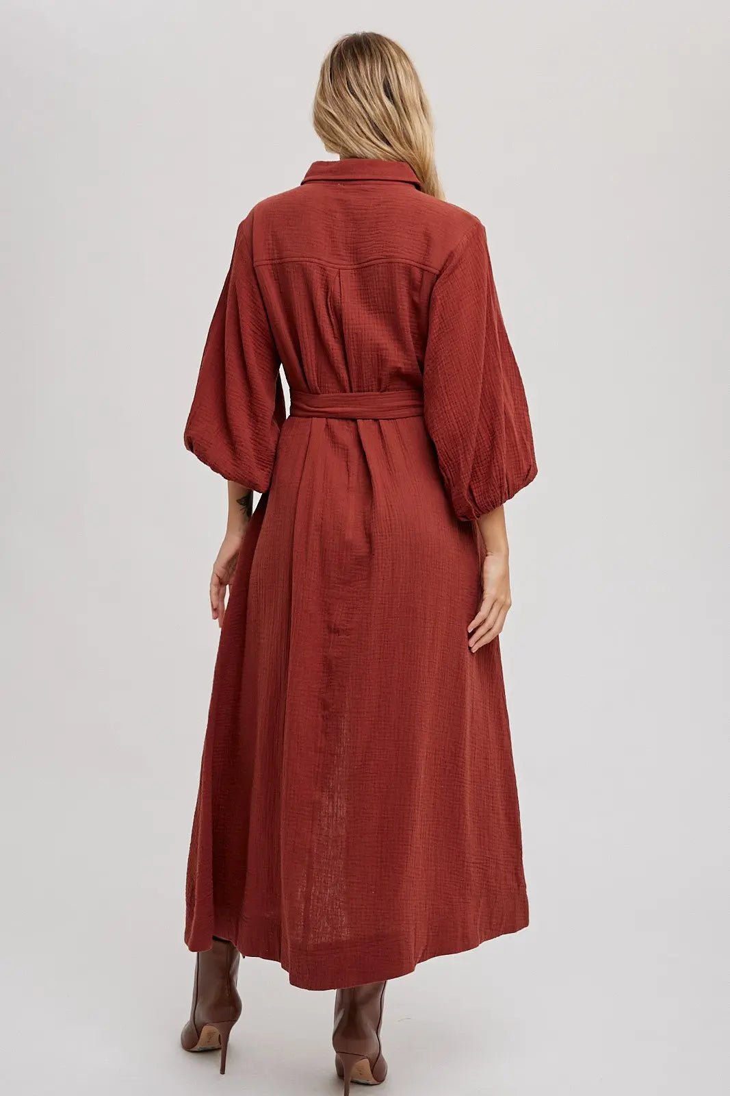 PinkBlush Rust Gauze Belted Shirt Midi Dress - 