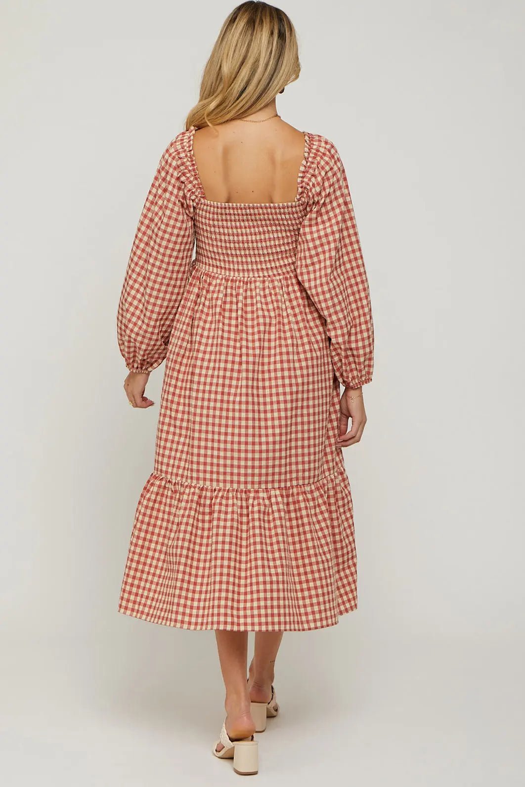 PinkBlush Rust Gingham Long Sleeve Maternity Midi Dress - 