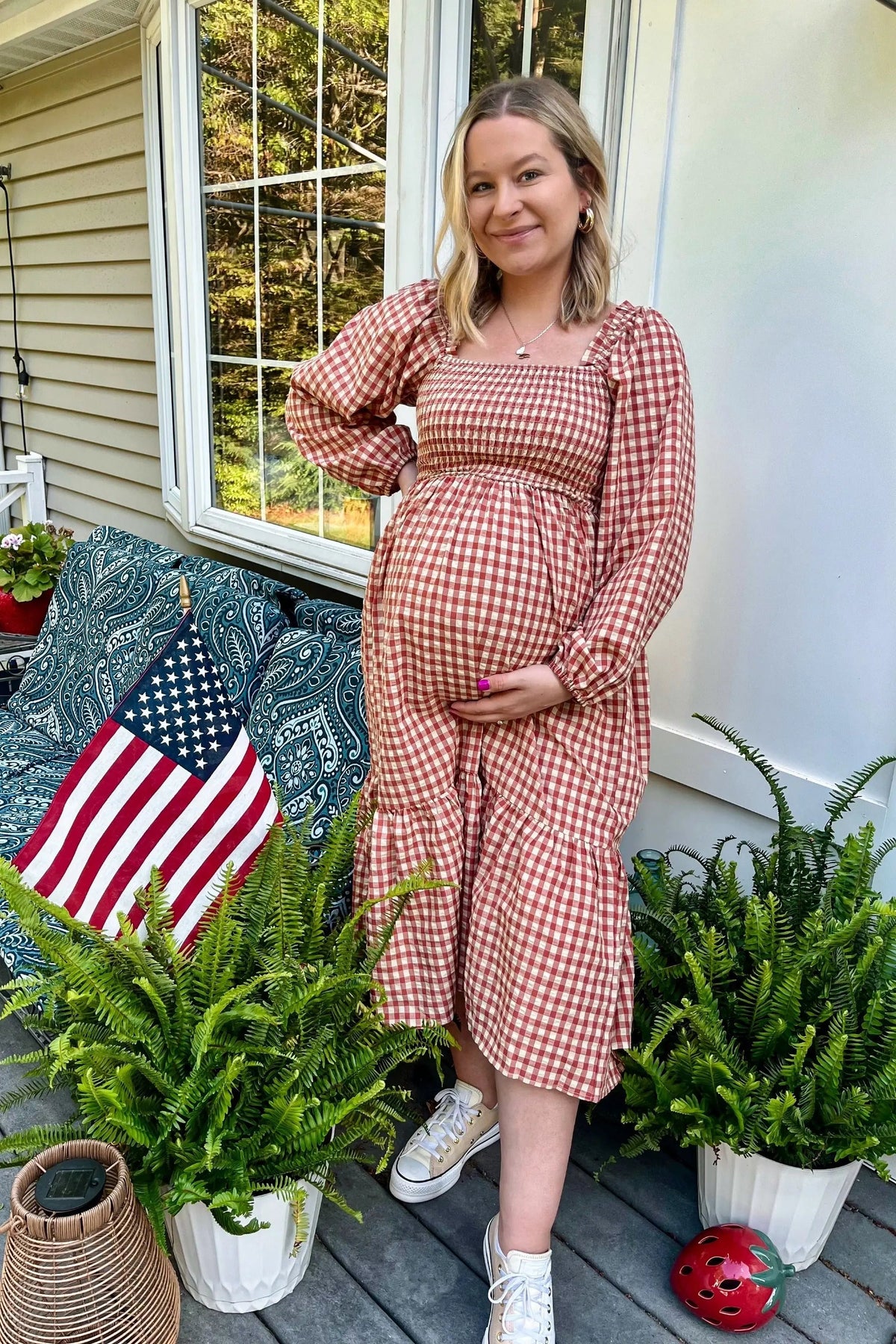 PinkBlush Rust Gingham Long Sleeve Maternity Midi Dress - 