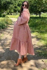 PinkBlush Rust Gingham Long Sleeve Maternity Midi Dress - 