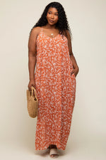 PinkBlush Rust Leaf Print Double V - Neck Plus Maxi Dress - 