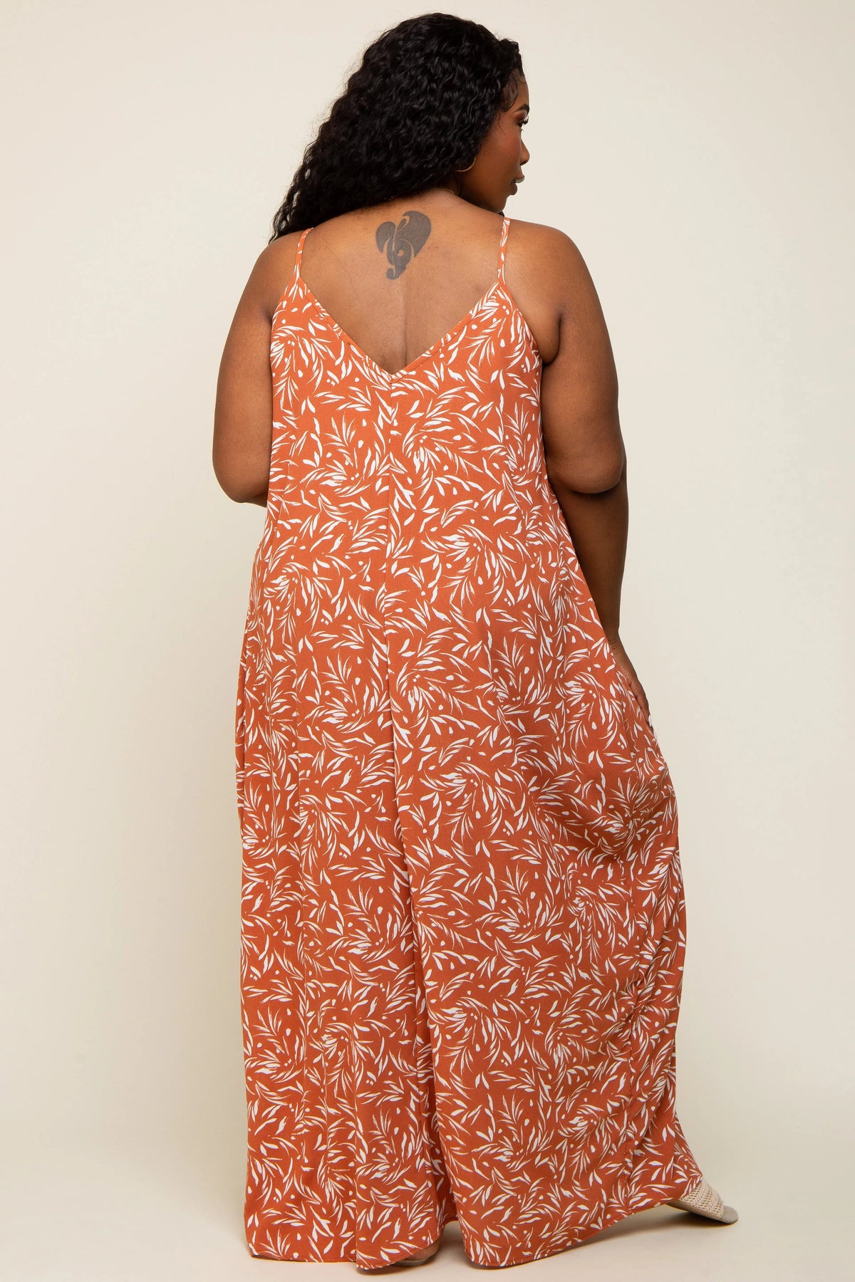 PinkBlush Rust Leaf Print Double V - Neck Plus Maxi Dress - 