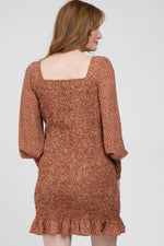 PinkBlush Rust Leaf Print Smocked Dress - 