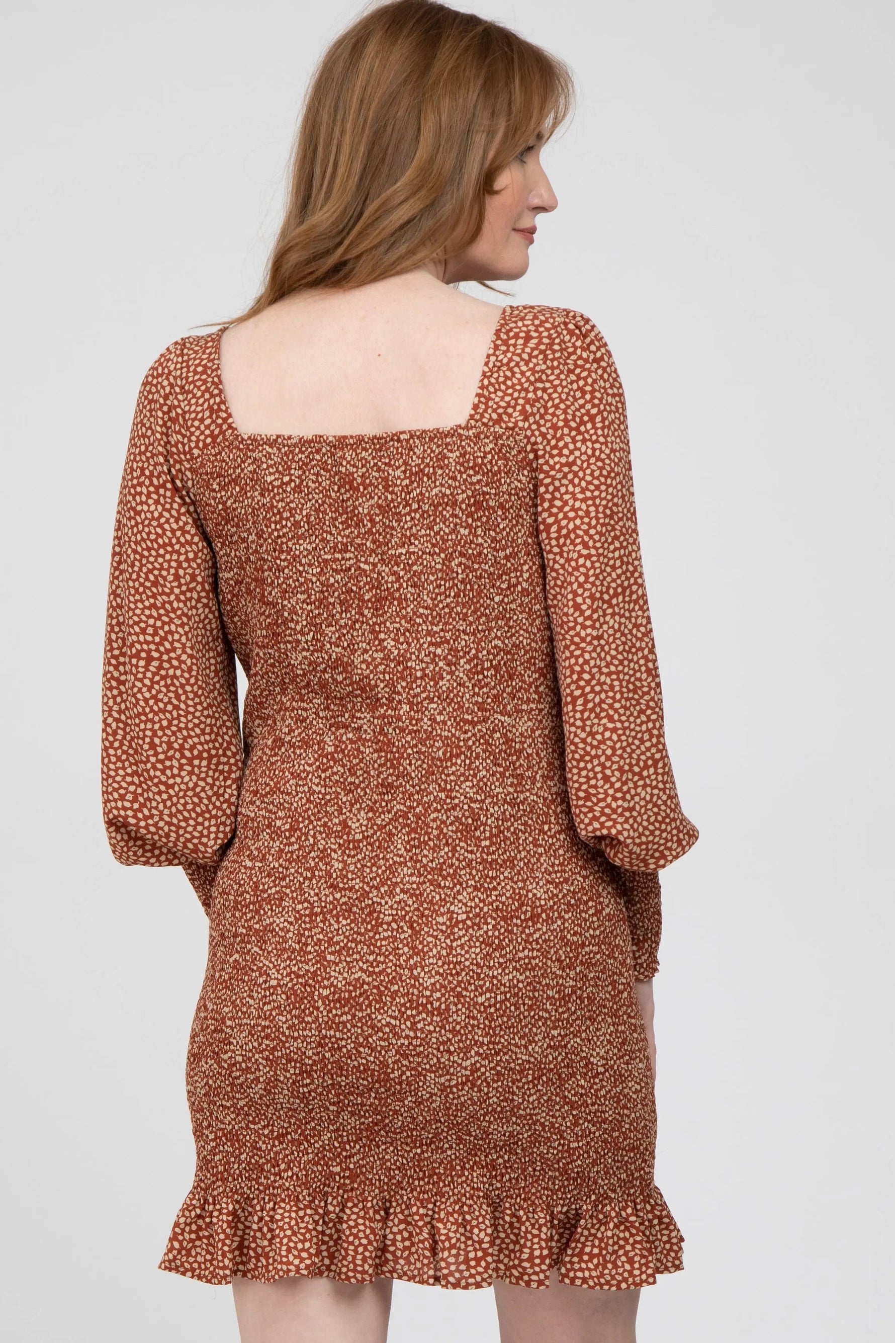 PinkBlush Rust Leaf Print Smocked Dress - 