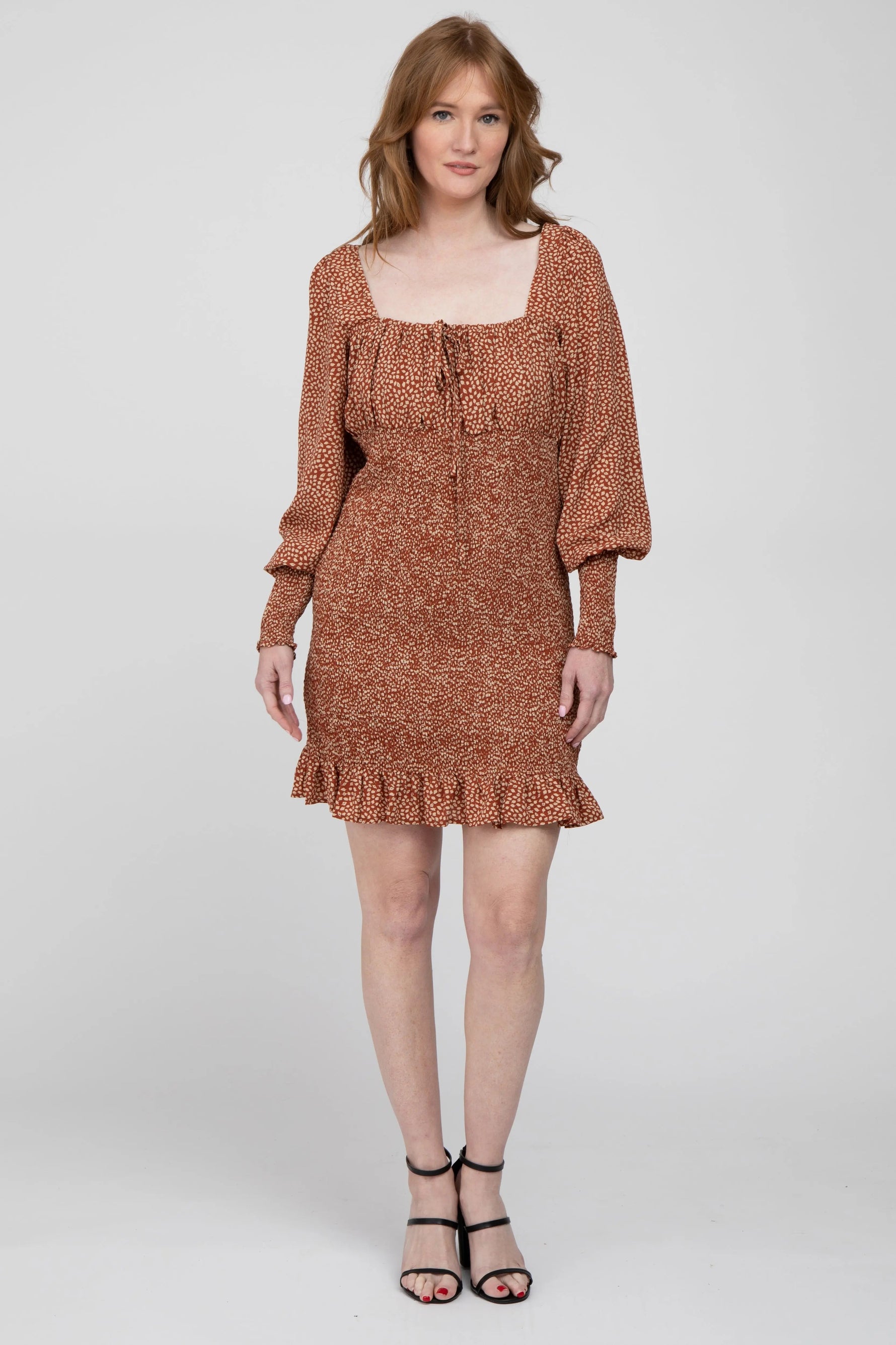 PinkBlush Rust Leaf Print Smocked Dress - 