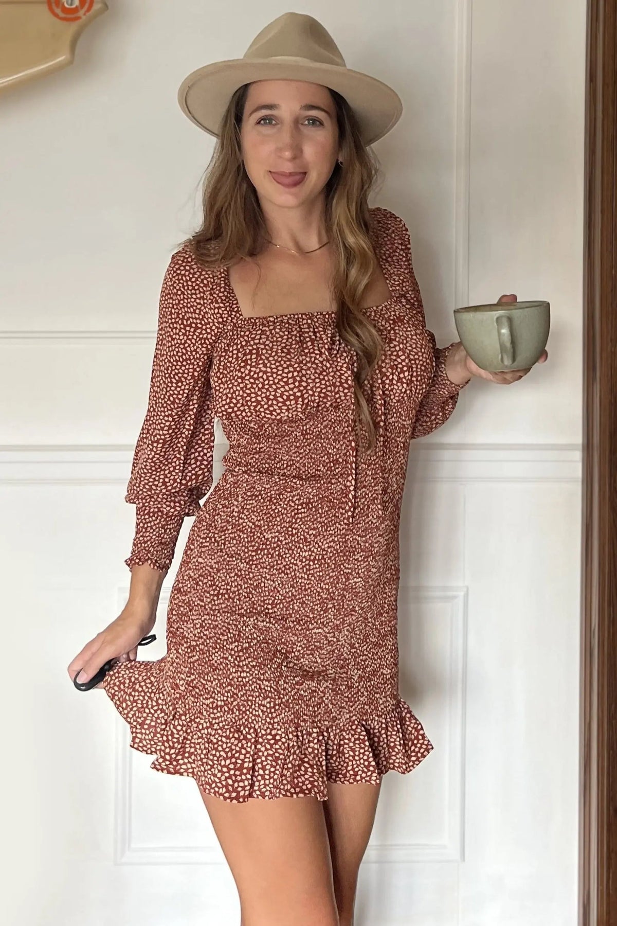 PinkBlush Rust Leaf Print Smocked Dress - 