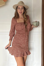 PinkBlush Rust Leaf Print Smocked Dress - 