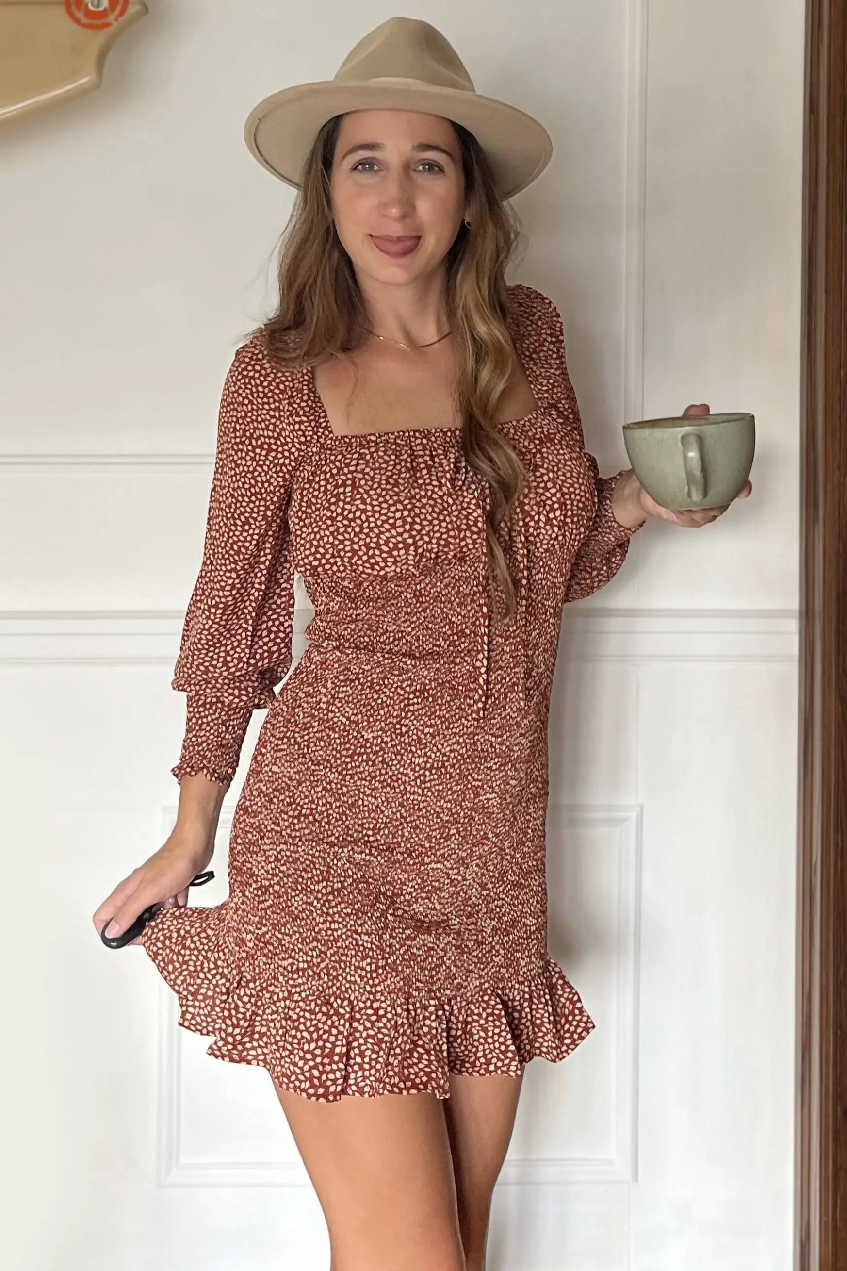 PinkBlush Rust Leaf Print Smocked Dress - 