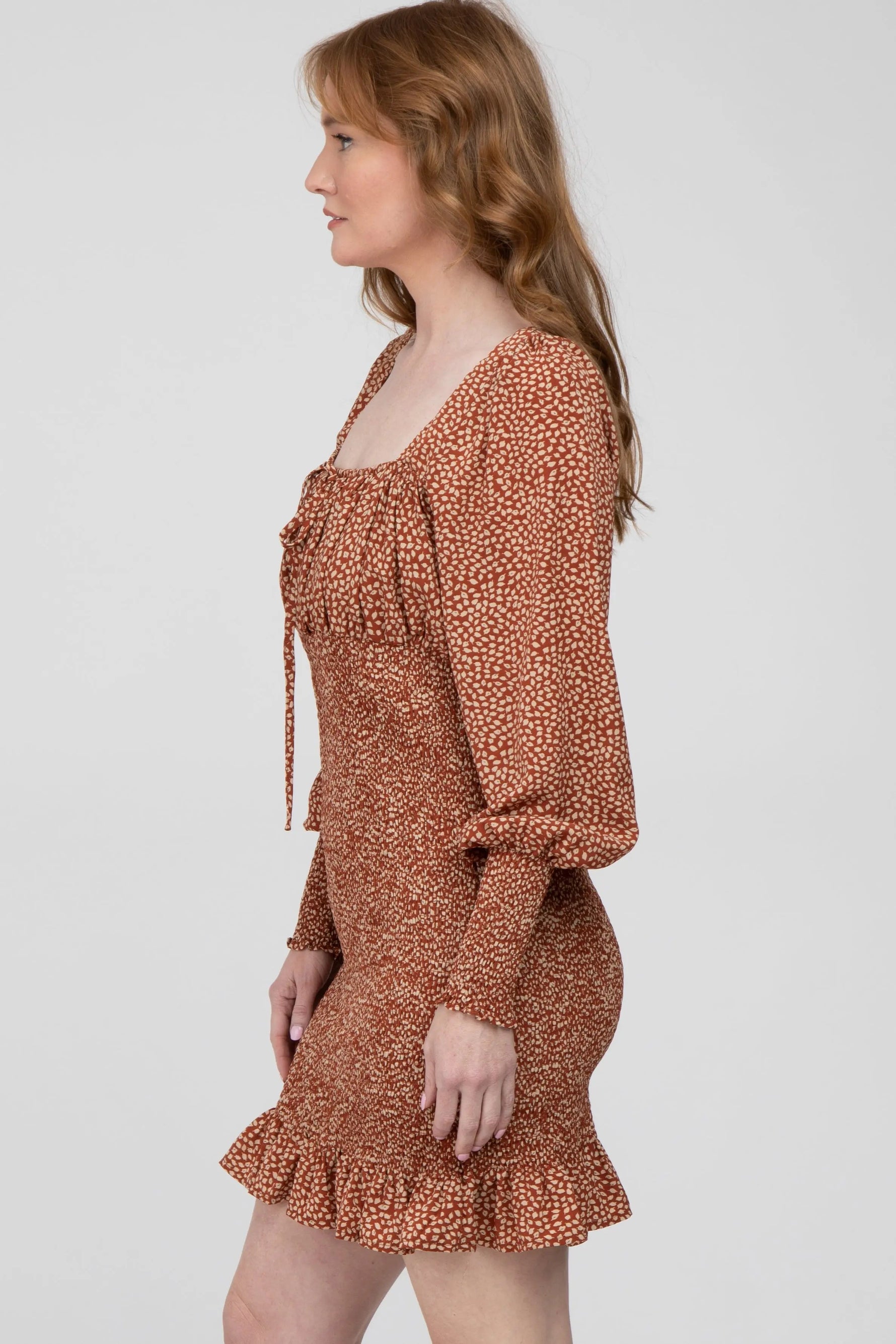 PinkBlush Rust Leaf Print Smocked Dress - 