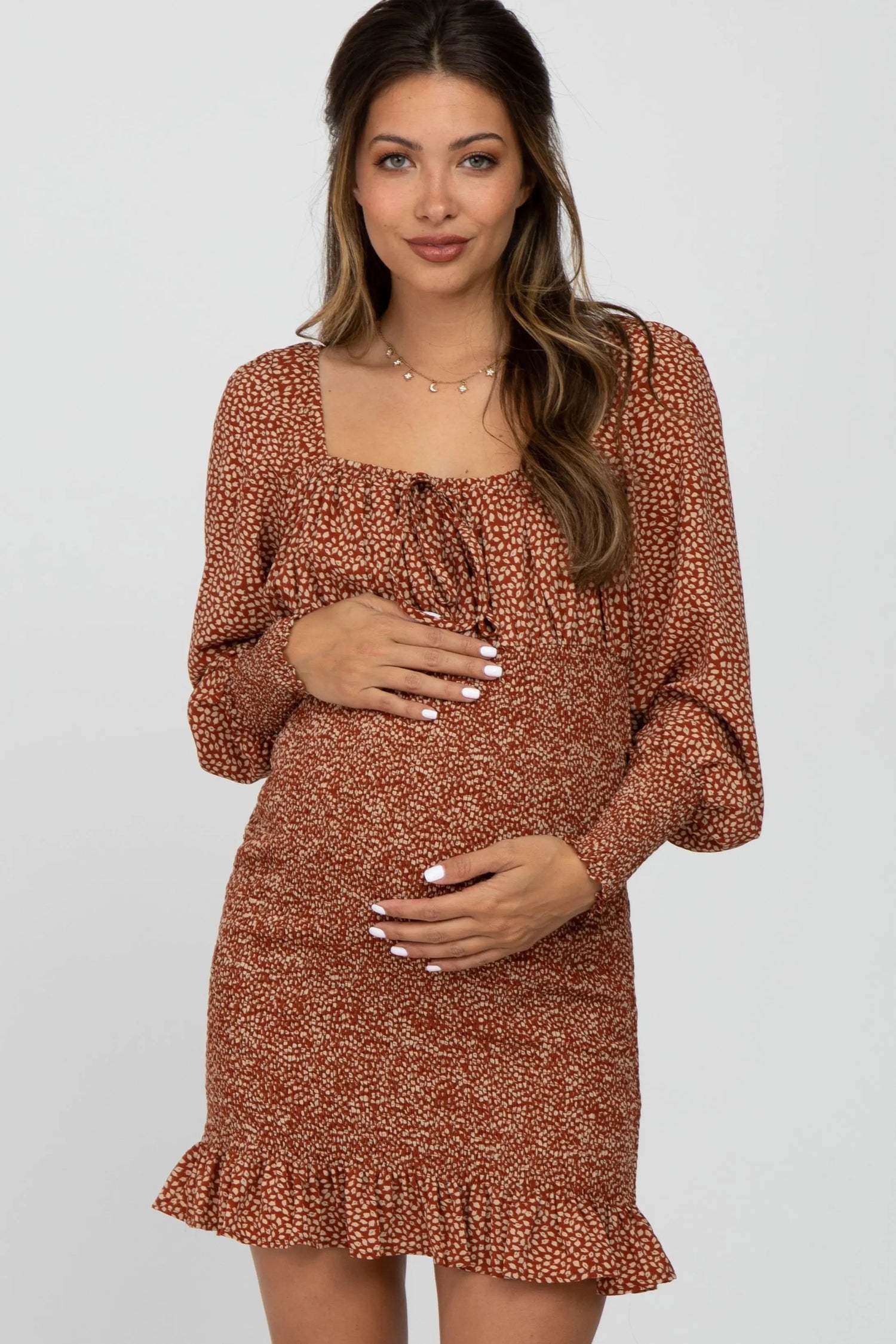 Rust Leaf Print Smocked Maternity Dress - Shoulder, Day Dress, One-piece garment, Textile, Fashion | Everetts Place