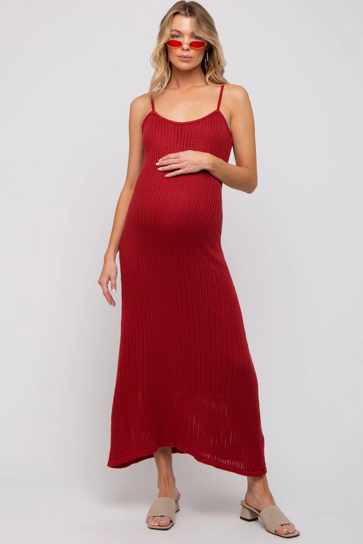 PinkBlush Rust Open Knit Crochet Maternity Midi Dress - 