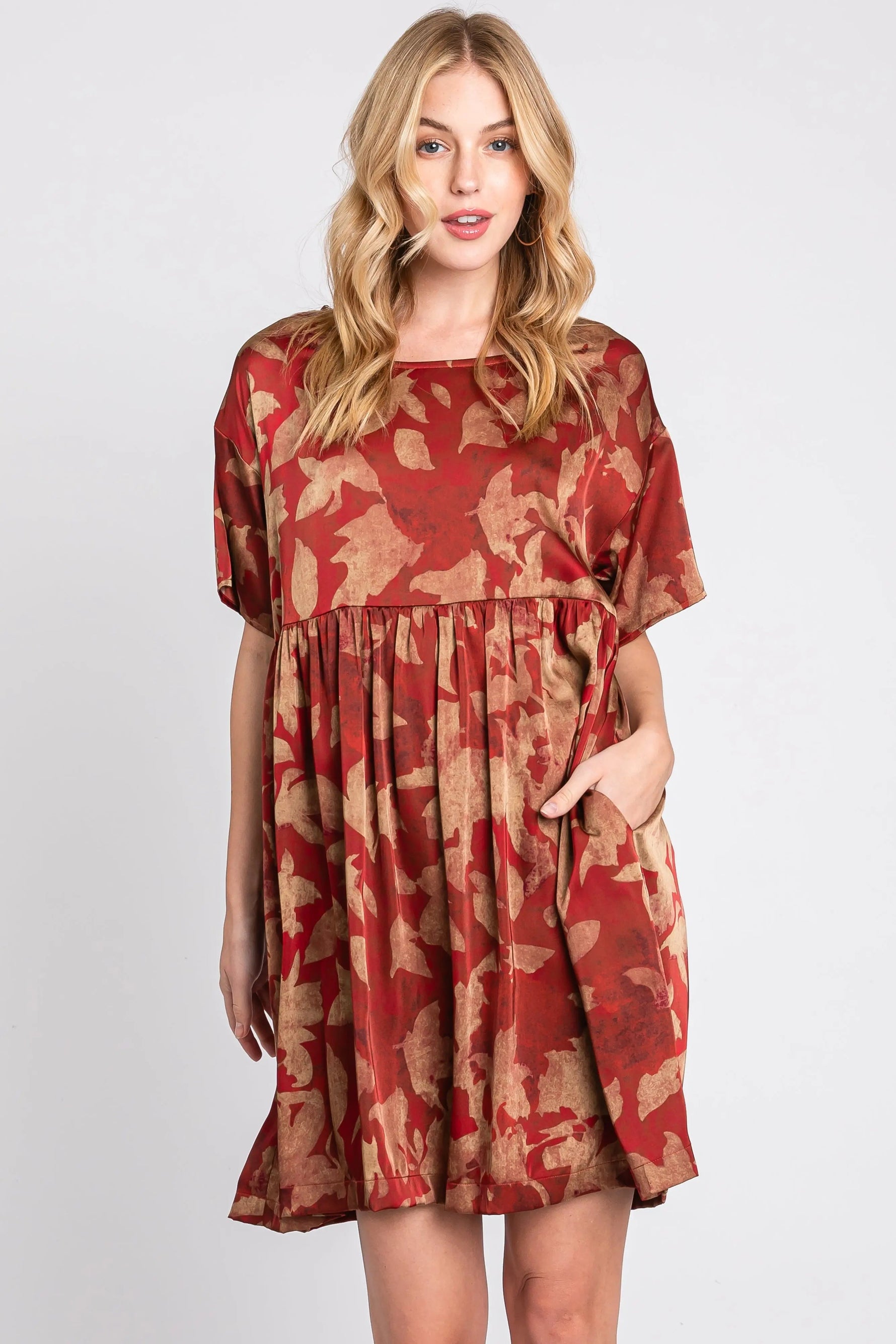 PinkBlush Rust Printed Short Sleeve Pocketed Dress - 