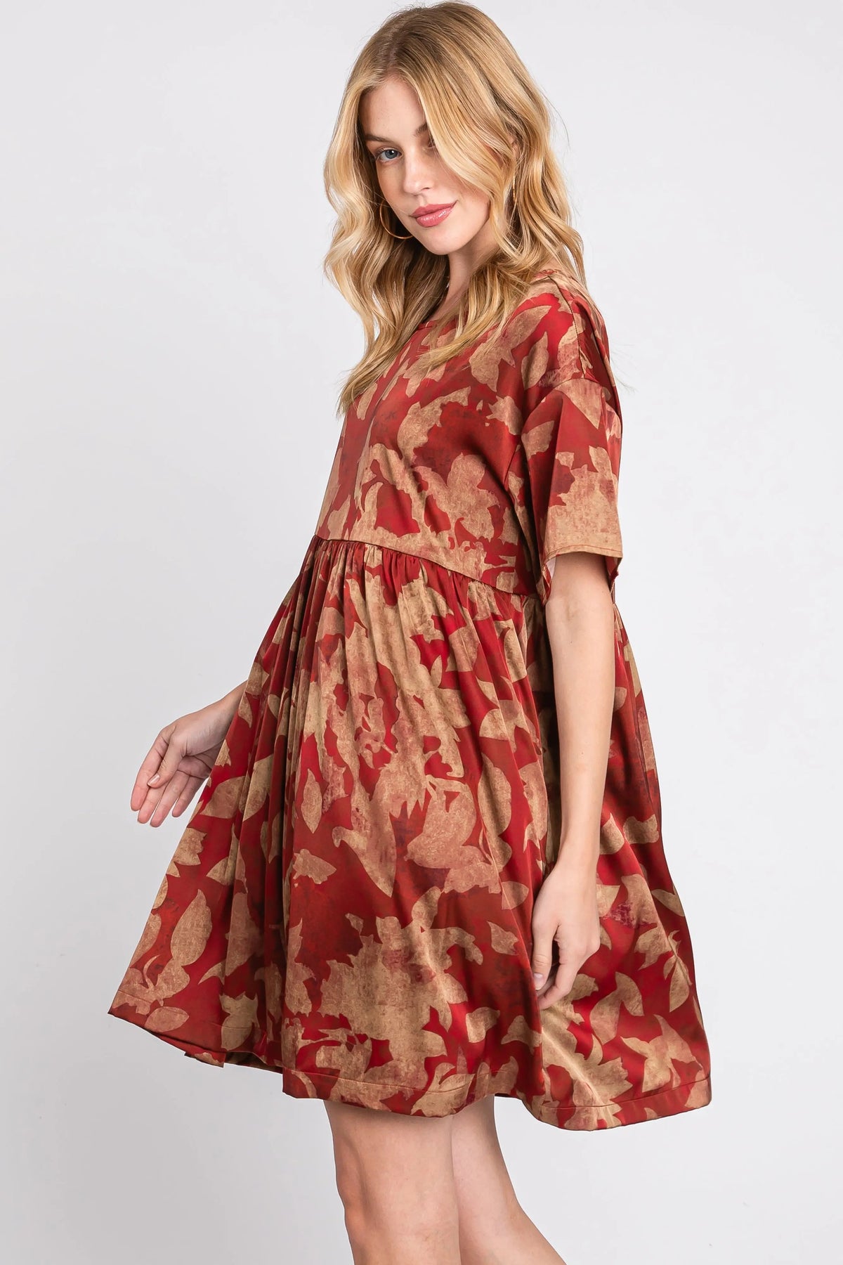 PinkBlush Rust Printed Short Sleeve Pocketed Dress - 