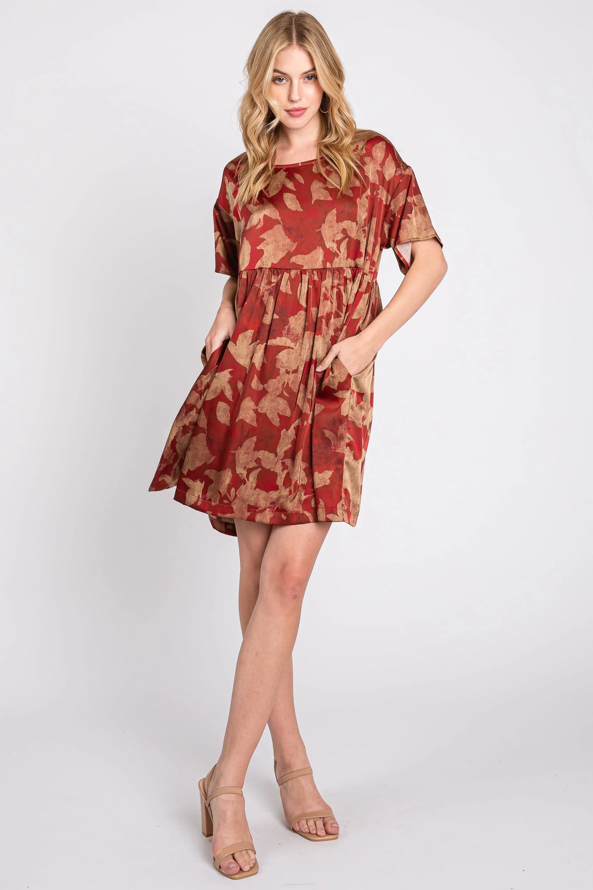 PinkBlush Rust Printed Short Sleeve Pocketed Dress - 