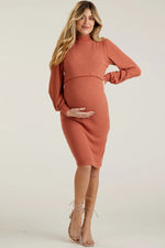 Rust Rib Knit Mock Neck Maternity Nursing Dress - Sleeve, Shoulder, Fashion, Dress, Neck | Everetts Place