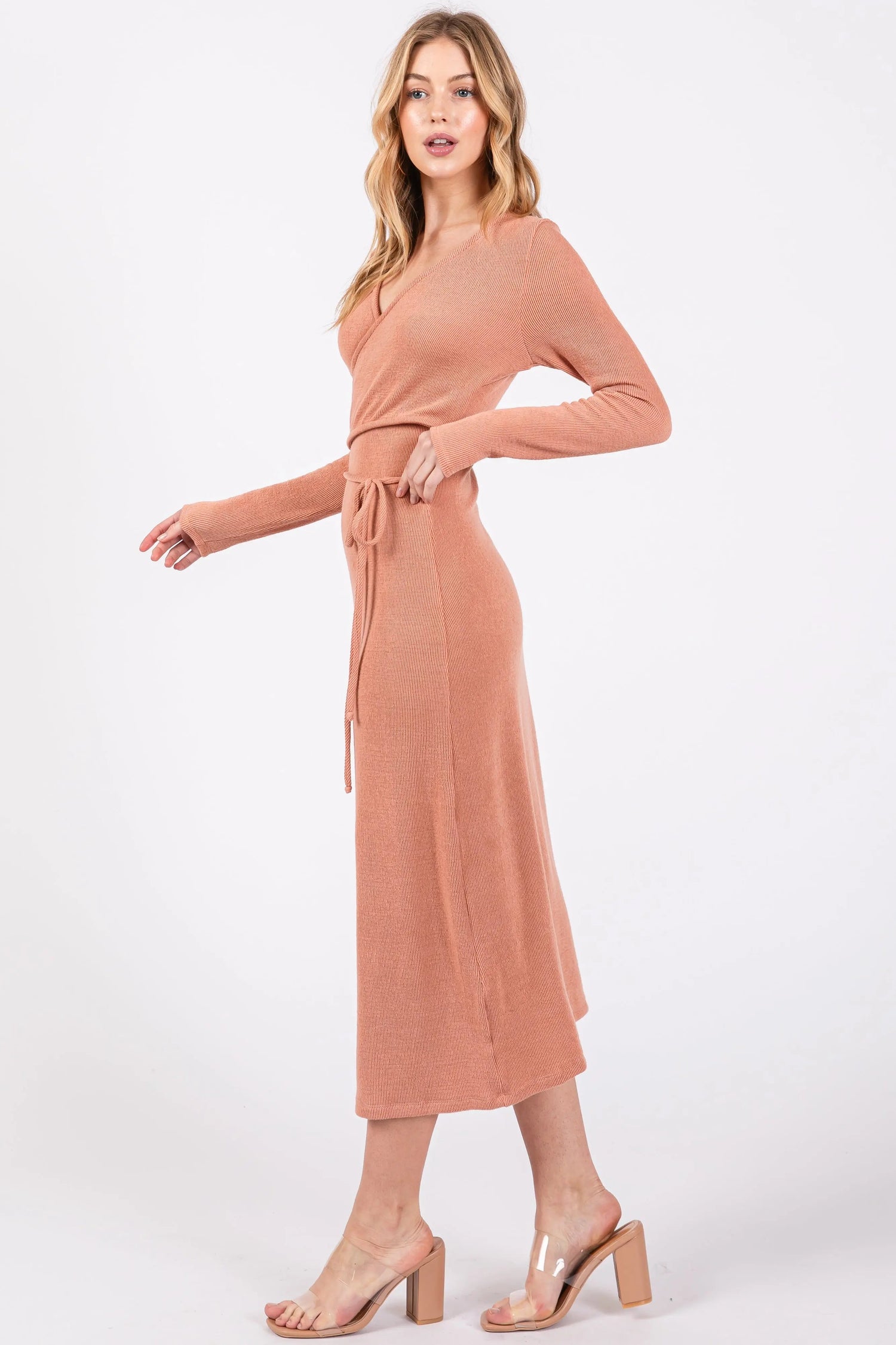 PinkBlush Rust Ribbed Long Sleeve Wrap Nursing Dress - 