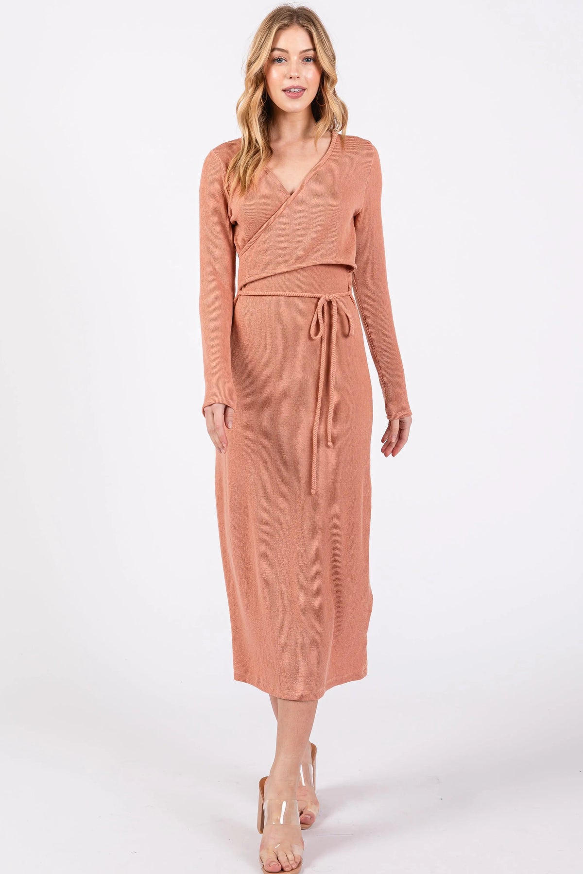 PinkBlush Rust Ribbed Long Sleeve Wrap Nursing Dress - 