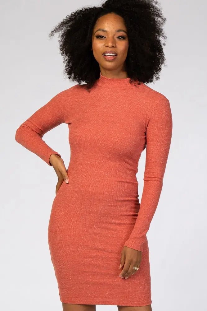 PinkBlush Rust Ribbed Mock Neck Fitted Dress - 
